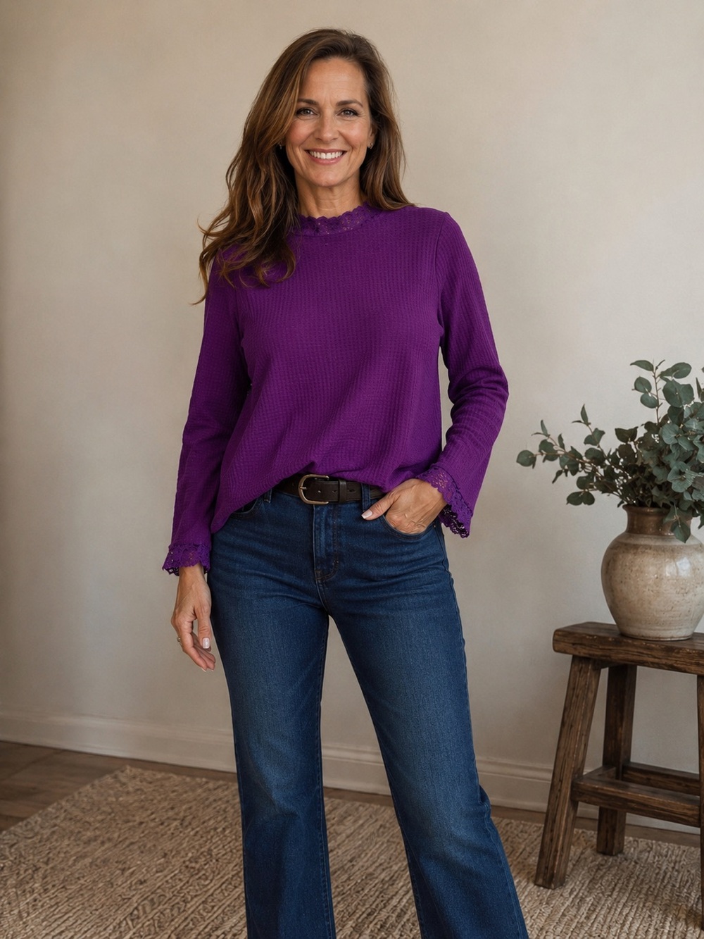 LOOG Lori Goldstein Purple Long-Sleeve Knit Top with Lace Trim New With Tags